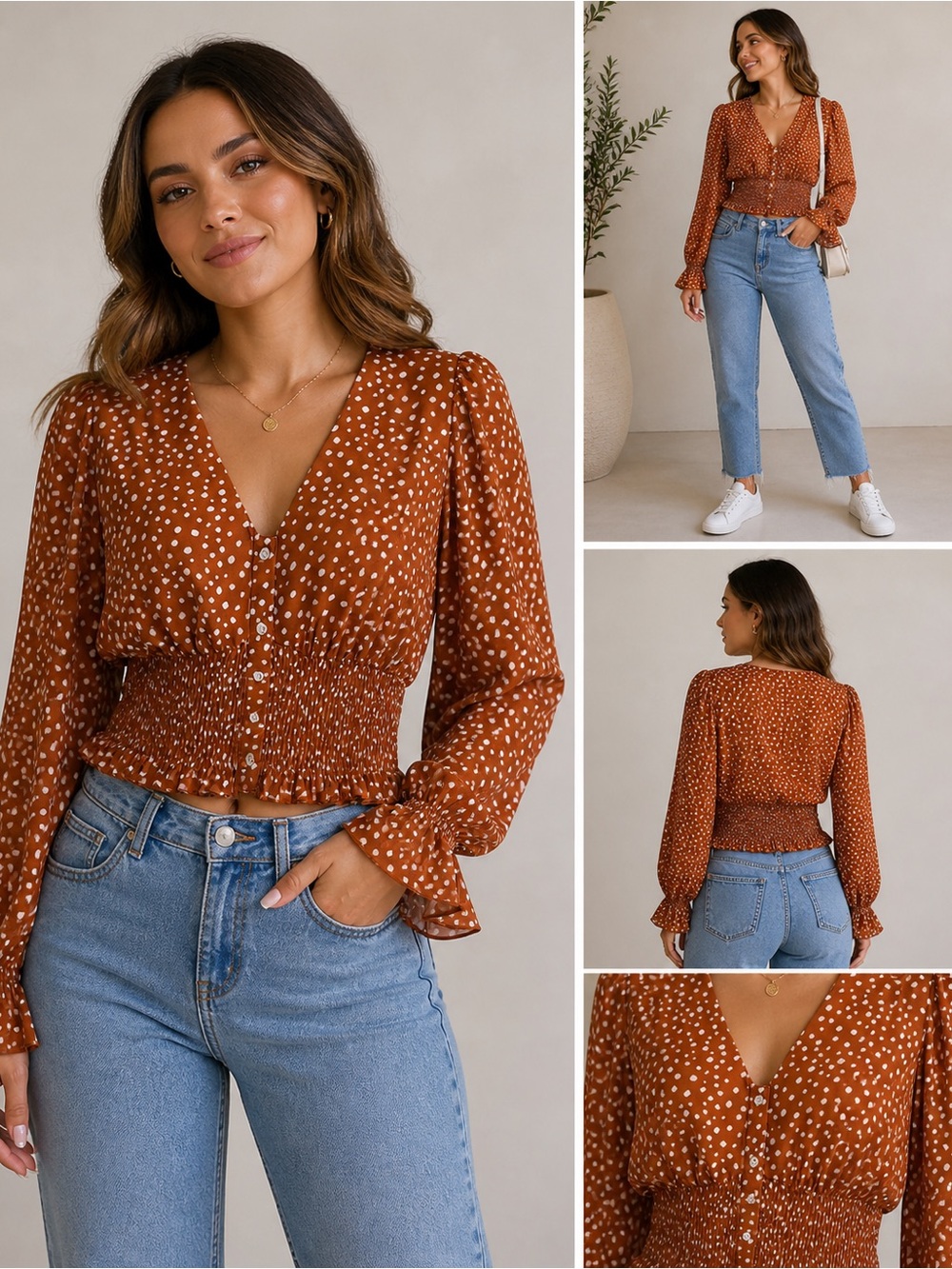 Lucy Paris Brown Polka Dot Crop Blouse | Smocked Waist | Long Sleeve Boho Top